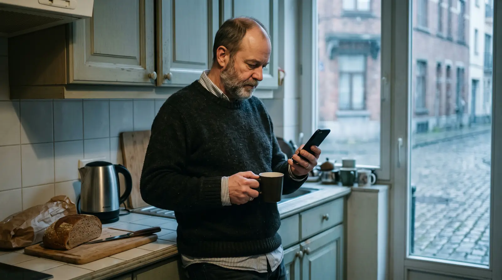 Un homme d'une cinquantaine d'années, une tasse à la main, regarde son téléphone au comptoir de sa cuisine tôt le matin.