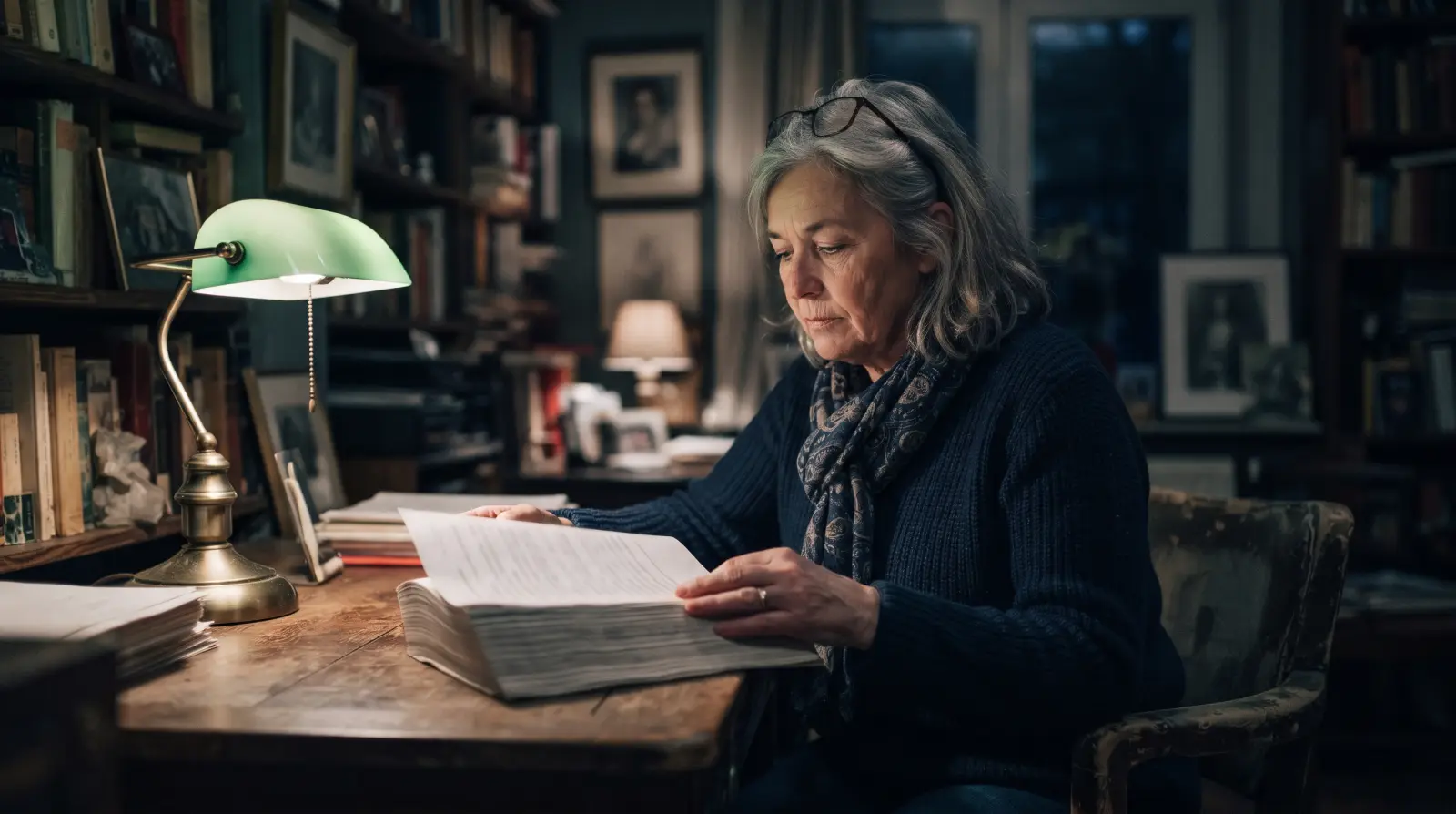 Une femme d'une soixantaine d'années lit un épais document relié dans son bureau, sous une lampe à abat-jour vert.