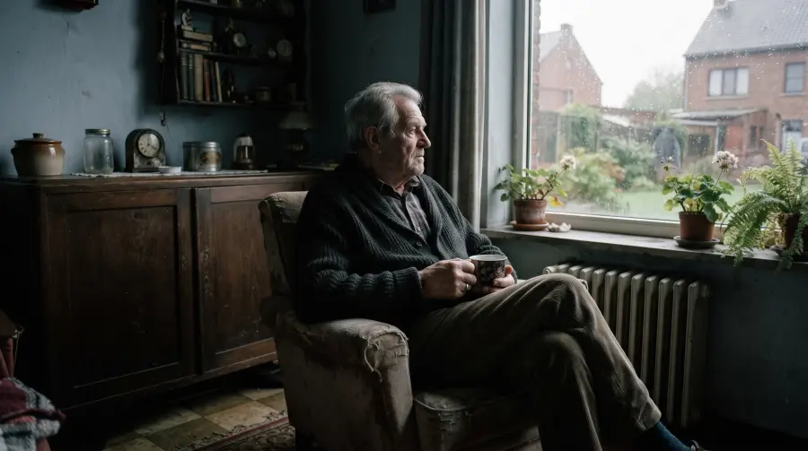Un homme d'environ septante-cinq ans en gilet de laine, une tasse à la main, assis dans un fauteuil près de la fenêtre.