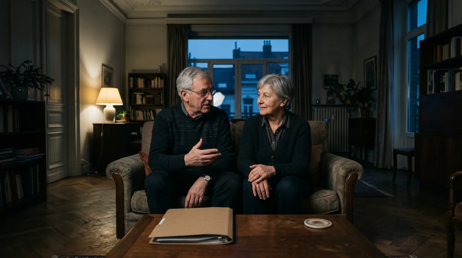 Un couple de retraités d'environ septante ans assis sur un canapé dans un appartement bruxellois, une farde de documents sur la table basse.