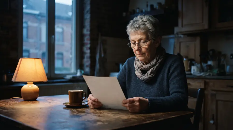Une femme d'environ septante ans, lunettes sur le nez, lit une feuille à la table de sa cuisine, à la tombée du jour.