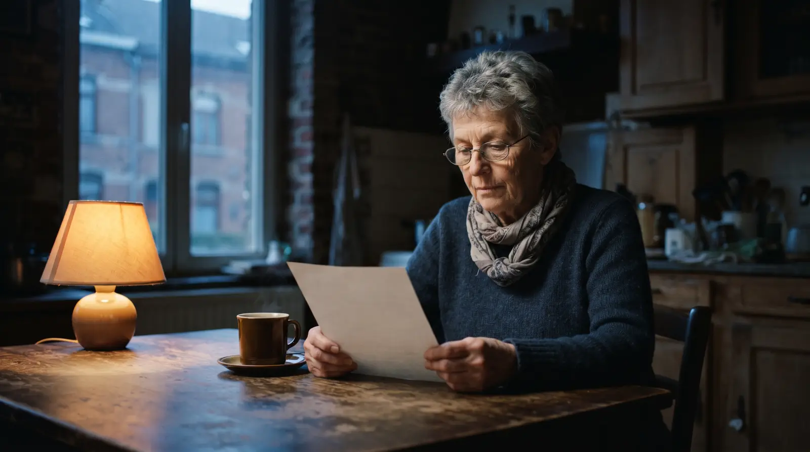 Une femme d'environ septante ans, lunettes sur le nez, lit une feuille à la table de sa cuisine, à la tombée du jour.