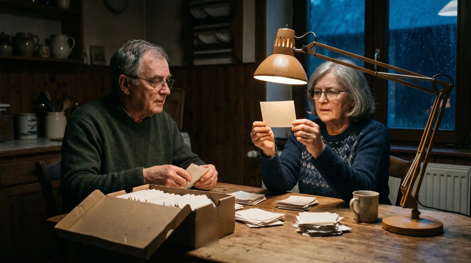 Un couple d'une soixantaine d'années trie de petits papiers sortis d'une boîte à chaussures, à la table de la cuisine.