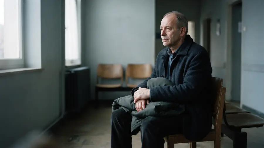Un homme d'une soixantaine d'années attend, son manteau sur les genoux, dans une salle d'attente de médecin.