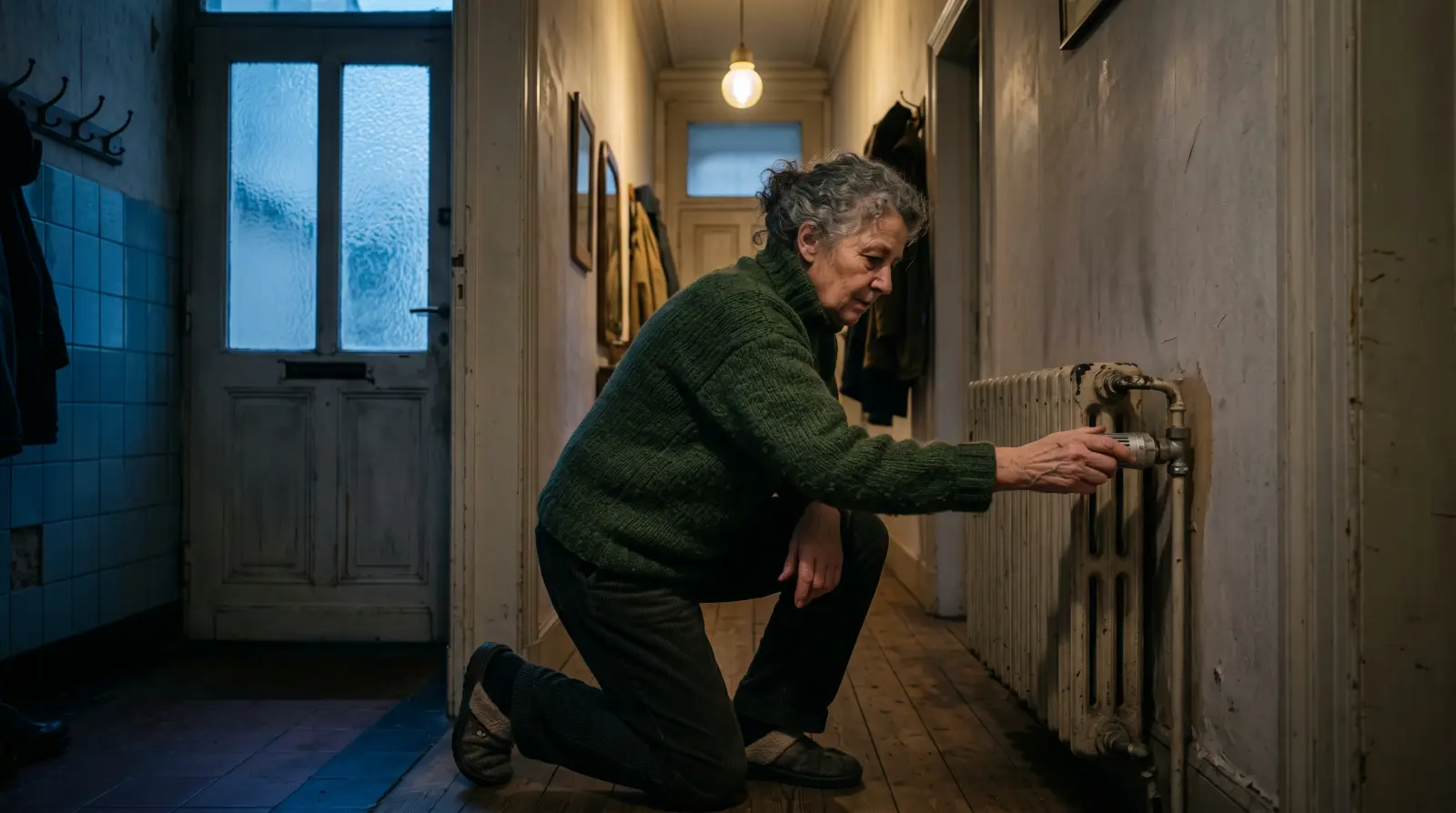 Une femme d'une soixantaine d'années en pull de laine règle la vanne d'un vieux radiateur dans le couloir d'une maison bruxelloise.
