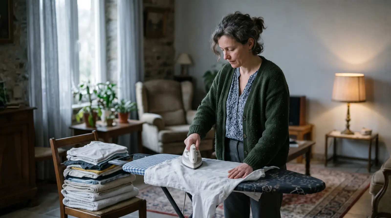 Une femme d'une cinquantaine d'années repasse une chemise blanche dans le salon d'une maison wallonne.