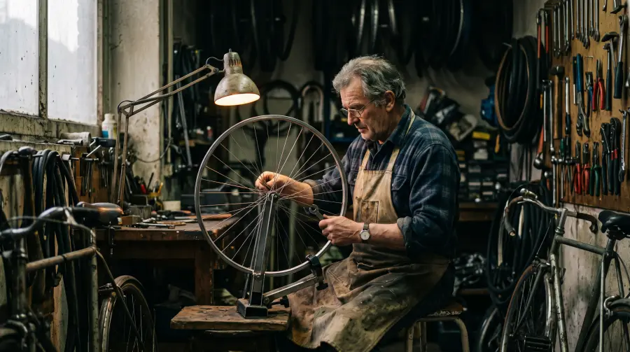 Un homme d'une soixantaine d'années en tablier répare une roue de vélo dans un petit atelier de quartier.