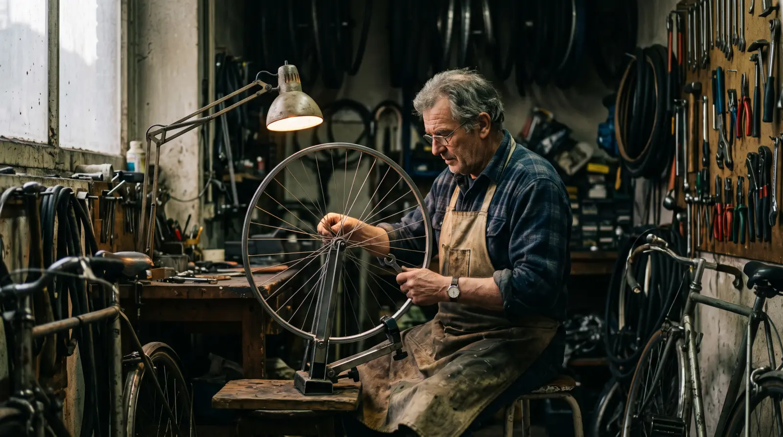 Un homme d'une soixantaine d'années en tablier répare une roue de vélo dans un petit atelier de quartier.